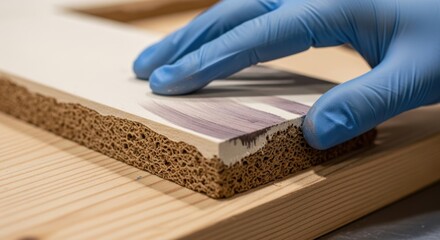 Close-up of hand in blue glove painting a wooden edge with precision