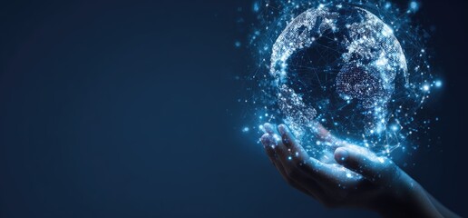 Naklejka premium Hands holding a digital representation of Earth