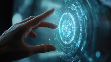Hand interacting with a glowing futuristic interface with circular design and blue light effects