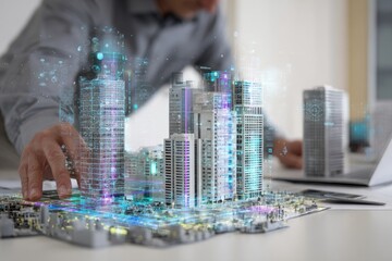 A man interacts with a 3D city model overlaid with holographic data