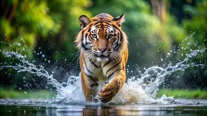 A powerful tiger walks through water, creating splashes in its natural habitat