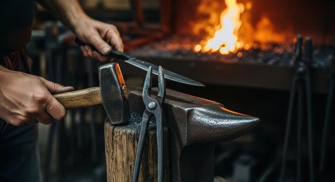 Male blacksmith forging metal in workshop with anvil and forge fire