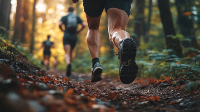 Two runners on a forest trail during autumn, wearing sportswear and athletic shoes.