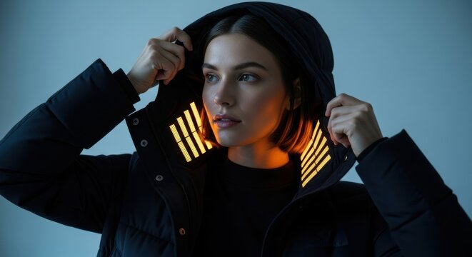 Young caucasian female wearing heated jacket with illuminated hood in cool ambience