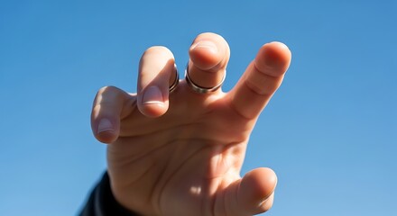 An upward-angle shot of a hand against a blue sky, reaching upwards for connection, A close-up of a hand with rings extended towards the clear, bright blue sky above