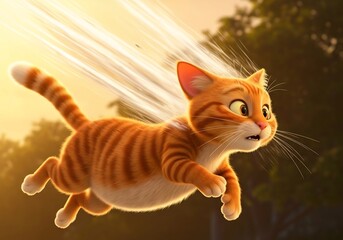Cute orange tabby kitten flying through the air surprised expression outdoor sunlight background.
