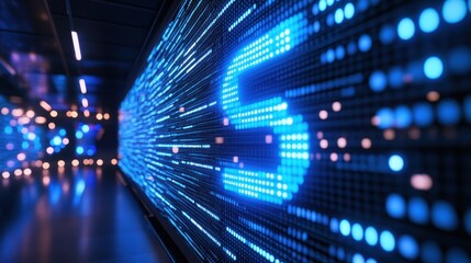Futuristic 5G Network Display: Blue LED Matrix with Data Streams and Bokeh.
