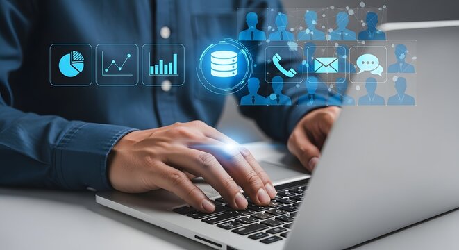 Data analysis and business intelligence with laptop for effective communication tools - Powered by Adobe