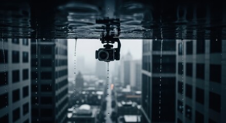 Obraz premium Upside-down camera attached to rainy urban window capturing cityscape
