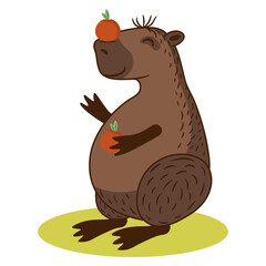 Cute capybara. Whimsical illustration of a brown animal balancing and holding orange fruits with closed eyes, standing on yellow ground. Cute design with cozy, cheerful character charm.