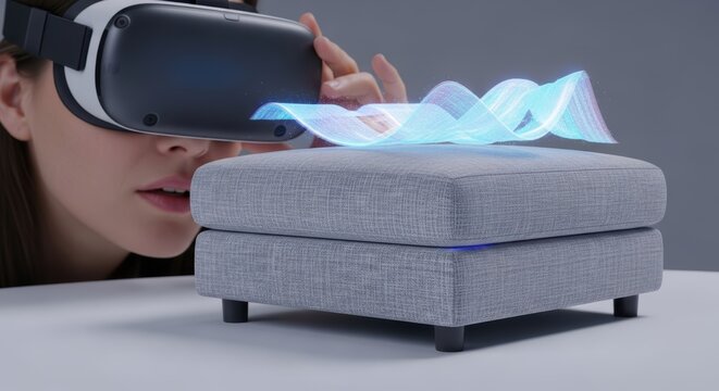 Young caucasian female experiencing virtual reality with headset and holographic display