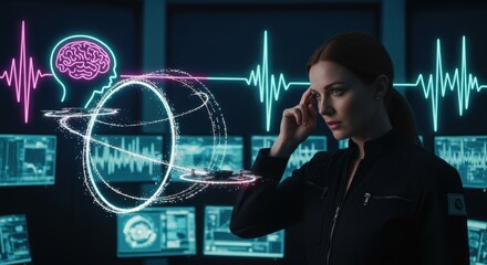 Young caucasian female scientist exploring futuristic holographic technology in control room