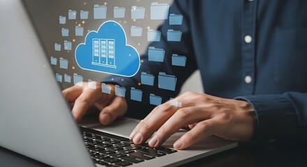 Cloud computing data storage and sharing concept with laptop and cloud icons man using