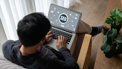 SEO search engine optimization for modish e-commerce and online retail business showing on computer...