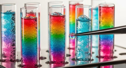 Vibrant rainbow hues in chemical reaction with test tubes in laboratory setting