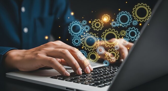 Automation and technology concept of business process with gears on laptop screen - Powered by Adobe