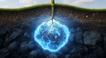 Vibrant plant roots delve deep into rich earth, revealing a glowing blue digital crystal intertwined with dark geological strata, symbolizing futuristic energy and natural synergy in a stunning