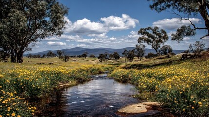 Scenic stream through a field of wildflowers