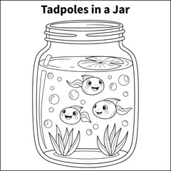 Three happy tadpoles are swimming inside a water-filled jar. Add a small lily pad, some floating bubbles, and water grass. Keep the design aquatic and bubbly for a fun twist.