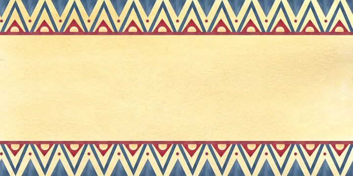 Fototapeta Banner egyptian ancient ornament with template inside for text. Geometric patterns, watercolor isolated illustration, yellow background. African culture concept for souvenirs, web design, packaging