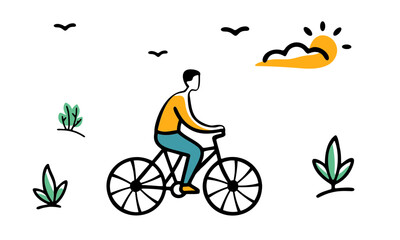 Minimalist eco themed drawing of person biking outdoors with plants, birds, and sun, promoting a green lifestyle. Vector art
