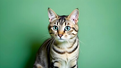 Portrait of a beautiful striped Bengal cat with blue eyes on blue background