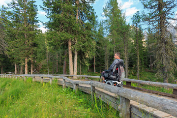 A person using a wheelchair navigates a wooden path in the Dolomites, Italy. Surrounded by lush...