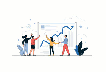 Group of people discussing business growth in animated style  