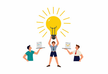 Three men celebrating success with light bulb and laptops  