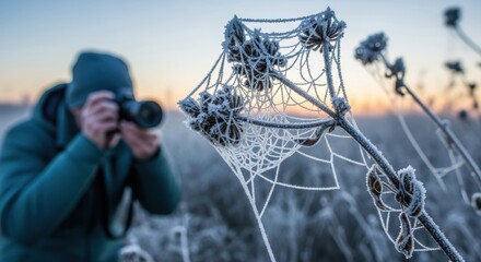 Photographer captures frosty spider web on winter morning landscape