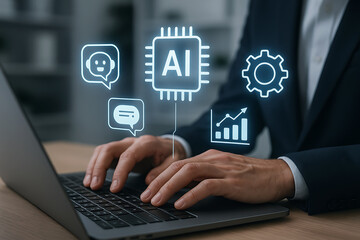 Man typing on laptop with artificial intelligence icons and digital settings interface