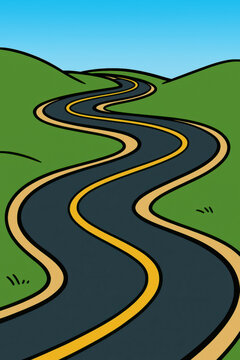 Winding road with yellow center line curving through green hills under clear blue sky cartoon landscape background for travel route planning driving adventure and navigation concept