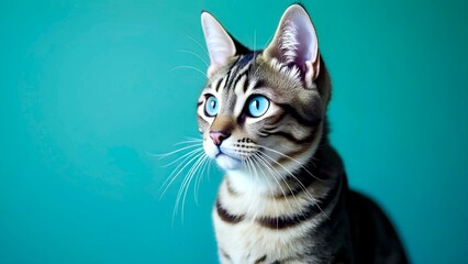 Portrait of a beautiful striped Bengal cat with blue eyes on blue background