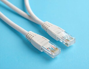 Two white Ethernet cables on a bright blue surface