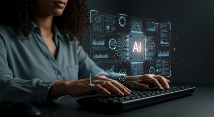 Woman working on computer with ai overlay