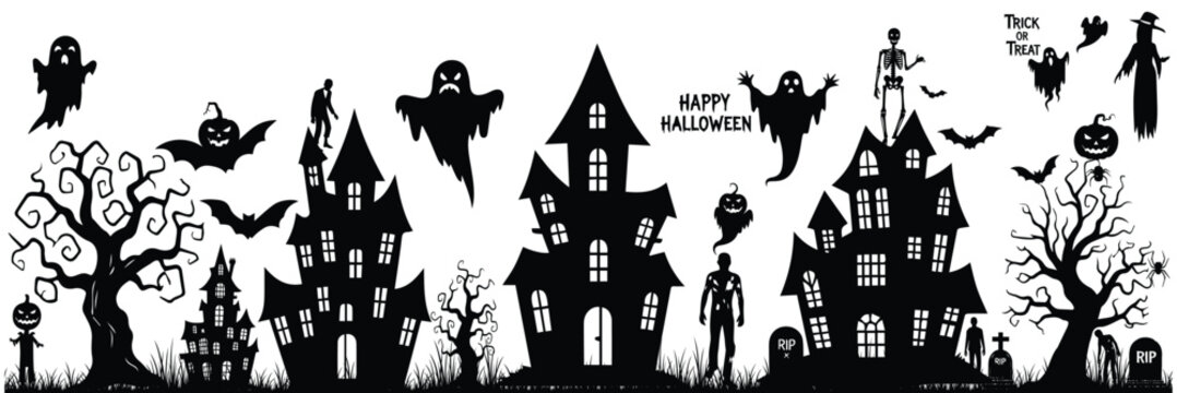 Halloween haunted house silhouette with bats and pumpkins. A big bundle of halloween haunted house silhouette set. vector illustration perfect for halloween project.Collection of halloween bats eps 10