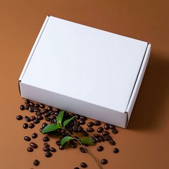 A White Cardboard Gift Box with Coffee Beans and a Green Leaf Displayed on a Brown Background