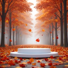 Autumn Forest Path with Pedestal Amidst Falling Leaves