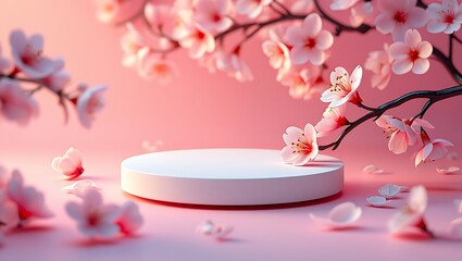 Elegant White Pedestal Surrounded by Soft Pink Cherry Blossoms in a Serene Setting