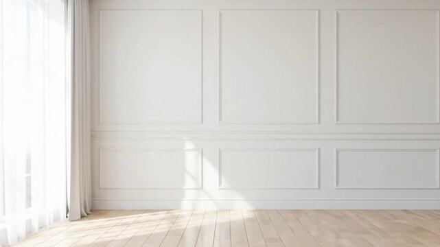 An empty room with hardwood floors white walls featuring decorative molding and a gauzy white curtain