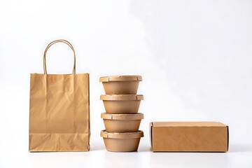 Eco friendly food packaging brown paper bags takeaway containers and cardboard boxes for delivery