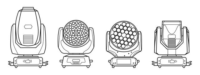 Set of Stage Moving Head Lights in Line Style. Collection of four professional stage moving head lights in clean linear style. Suitable for music events, concert lighting design, or technical diagrams