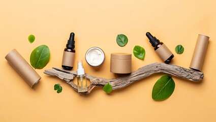Natural Organic Skincare Products Arranged on Driftwood with Green Leaves and Kraft Paper Packaging on a Yellow Background