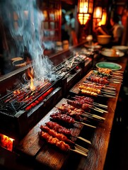 the image showcases a variety of skewered foods, arranged in neat rows on wooden boards