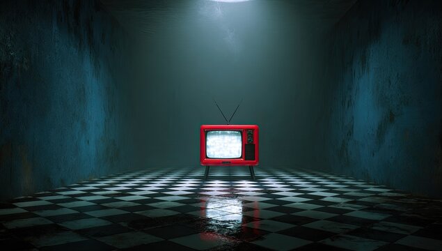 Red vintage TV in a dark corridor