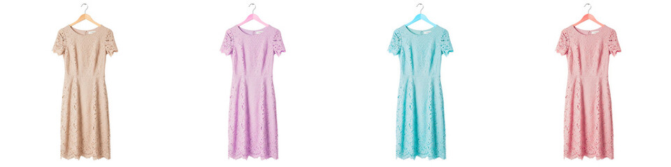 Set Four colorful dresses displayed on hangers in soft pastel shades isolated on transparent background 