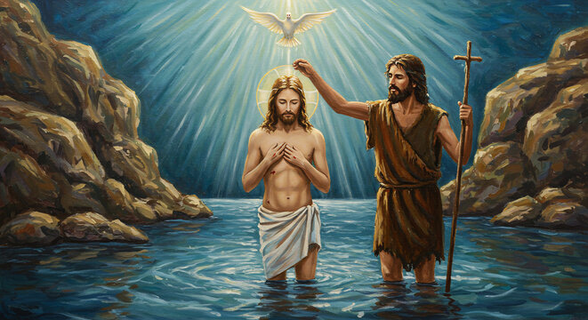 The baptism of jesus christ in the river jordan with john the baptist and a dove overhead shining light