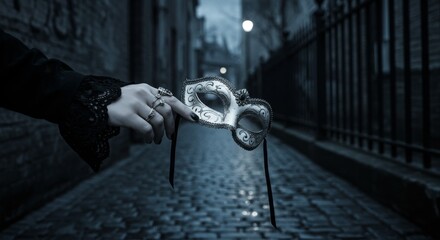 Obraz premium Gothic Female Hand Holding White Venetian Mask in Dark Alley