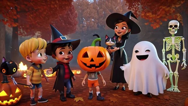 Halloween celebration with kids and spooky characters in autumn forest - Powered by Adobe