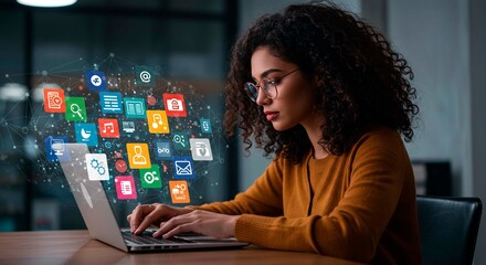 Woman with curly hair using laptop with floating application icons in a modern office setting